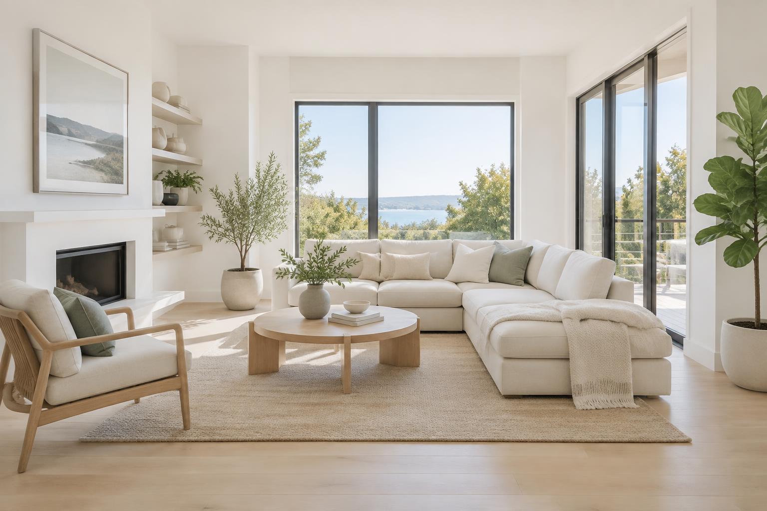 Bright, modern living room with white walls, oak floors and large windows